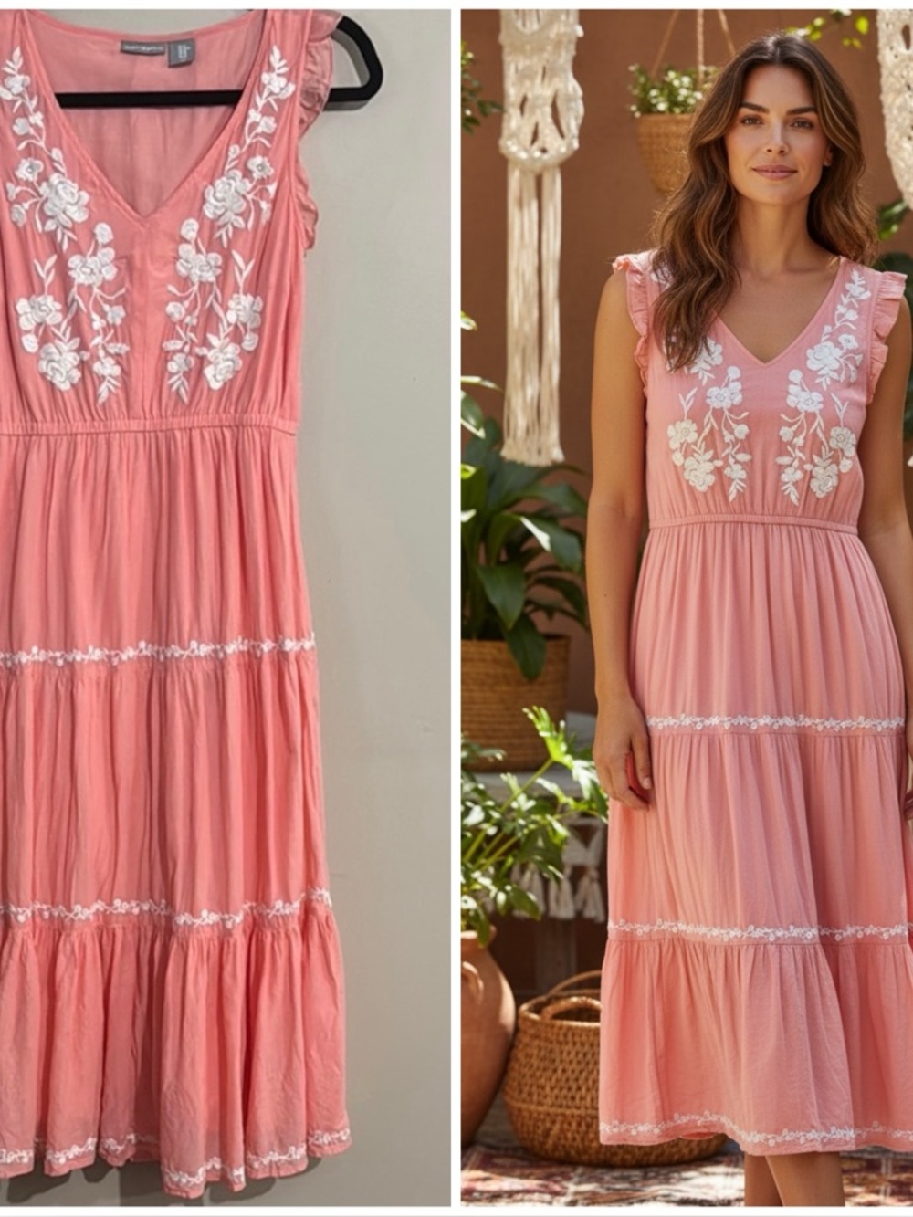 Lucky Brand Coral Midi Dress with White embroidered Floral Details Women's SzXS - Picture 10 of 10